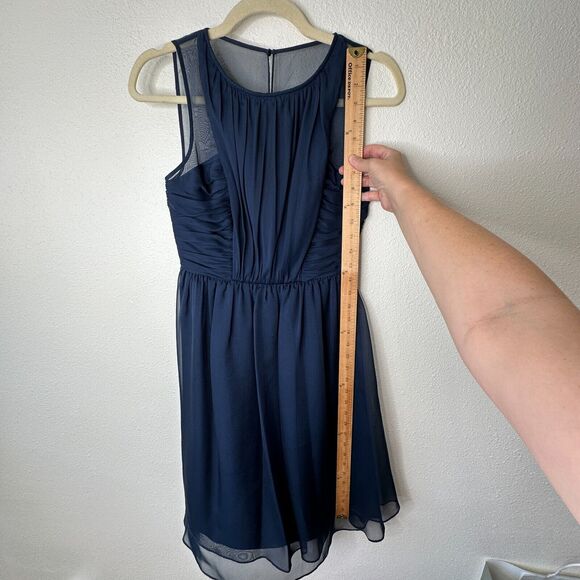 Hitherto Daylily Navy Sheer Shoulder Sleeveless Dress Ruched Side & Back Waist 0 - Picture 14 of 16